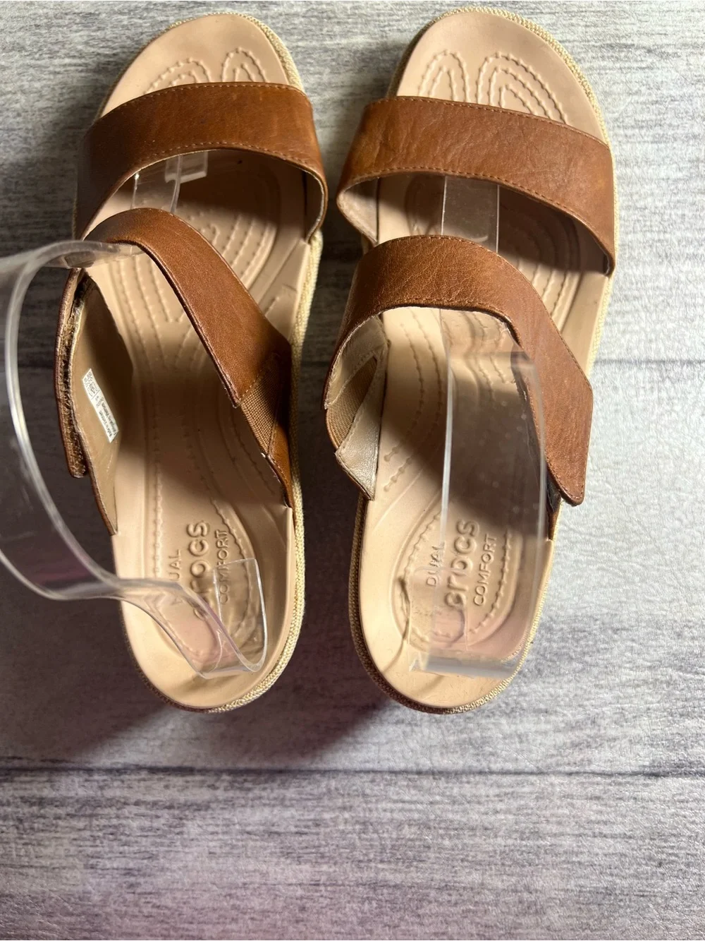 Crocs A-Leigh 2-Strap Mini Wedge Sandals Womens Size 9 Brown Leather Canvas